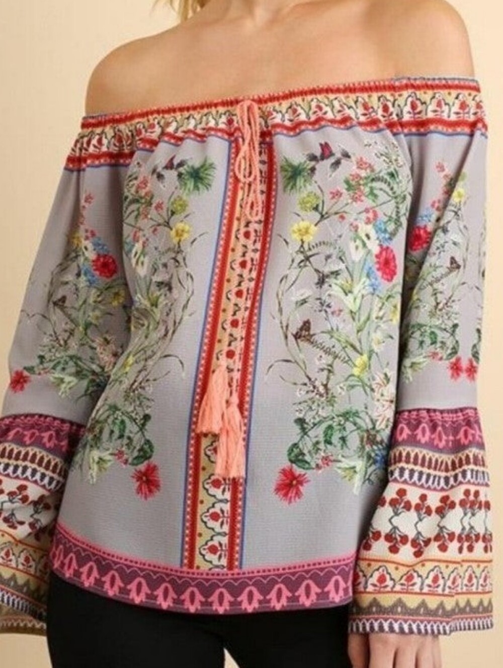 Umgee Boho Hippie Off The Shoulder Floral Bell Sleeve Peasant Blouse Size XXL